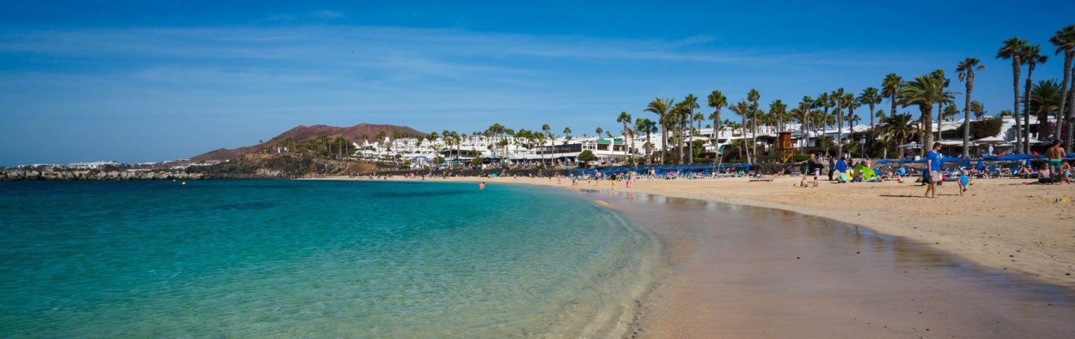 Playa Flamingo en Lanzarote con aguas turquesas, arena dorada, palmeras y hoteles blancos al fondo